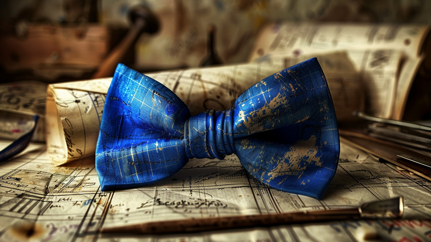 A Morris Lapidus-inspired Cobalt Blue Bow Tie, Positioned On A Vintage Writing Desk With Architectural Blueprints Midjourney Prompt