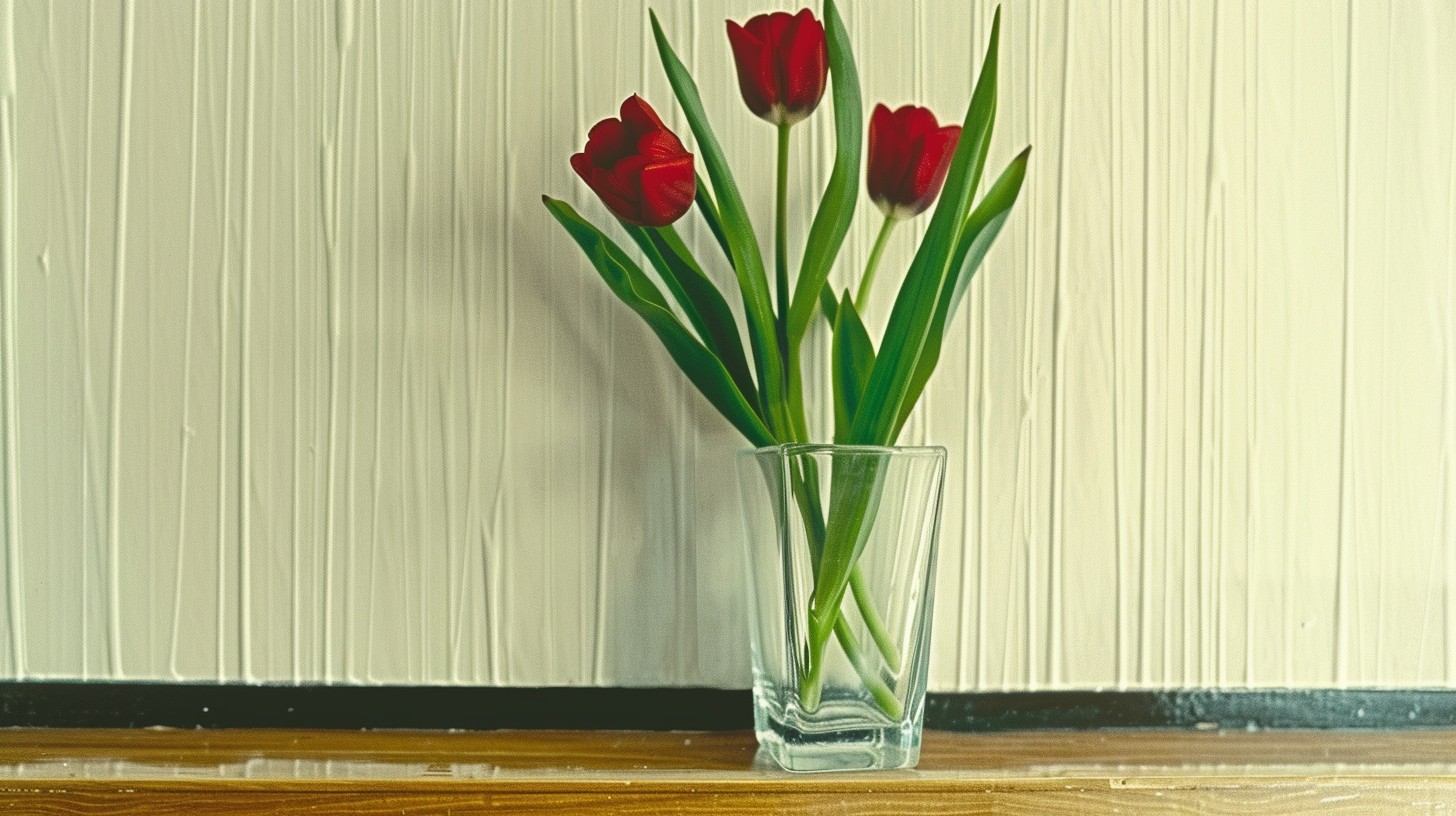 A Simple Glass Vase With 3 Red Tulips Standing Alone On A Table Midjourney Prompt