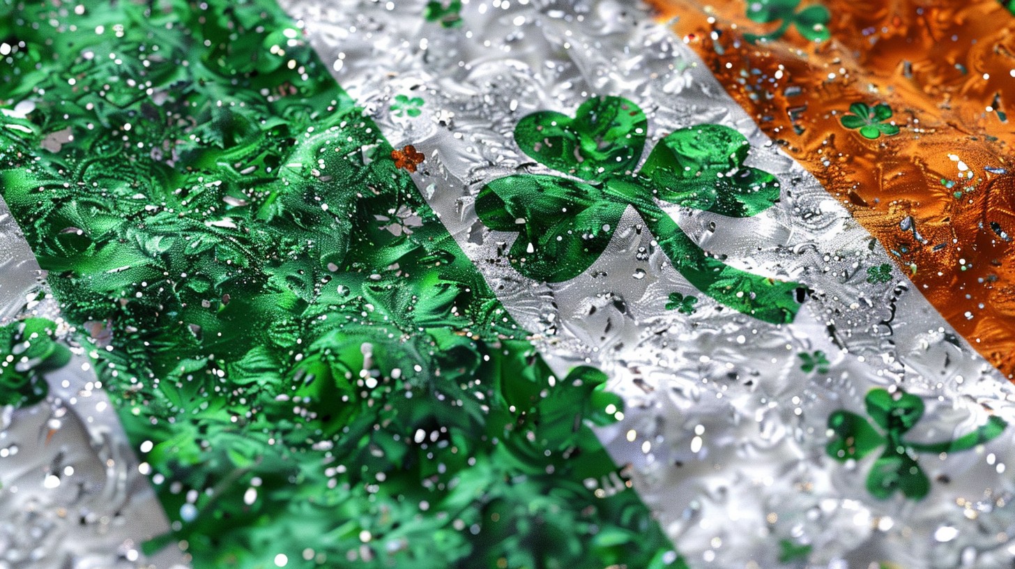 An Irish Flag In The Center , Shamrocks Ultra Patterned Around The Flag, In The Style Of Twinkle And Glitter Midjourney Prompt