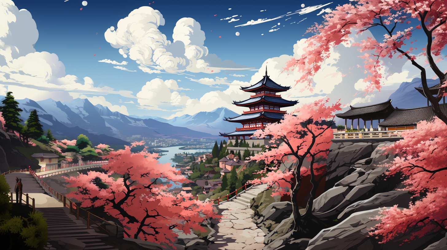 Flat Vector Art Illustration, Travel Illustration Featuring Kyoto, Japan, Cherry Blossoms In Bloom Midjourney Prompt