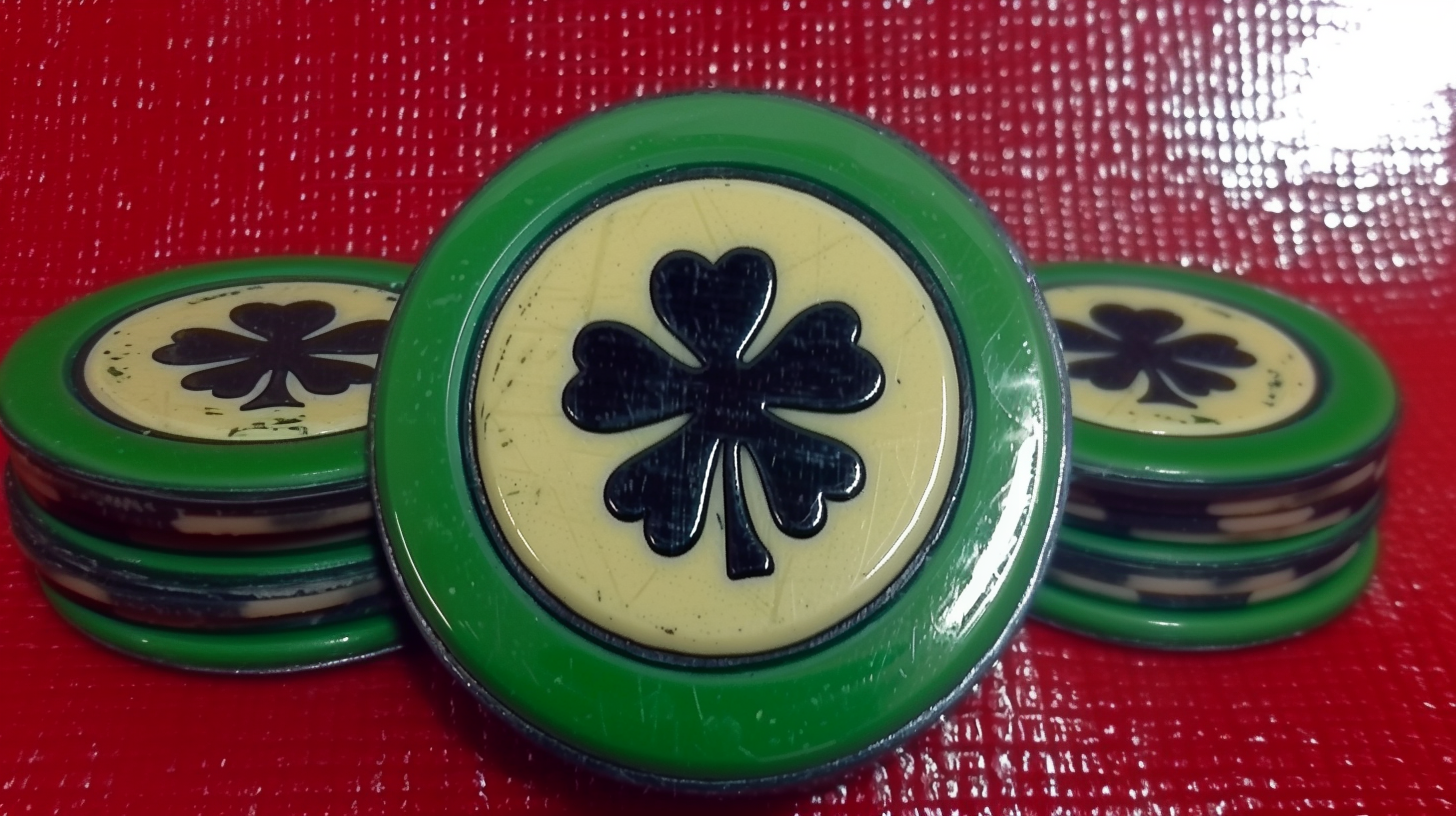 Las Vegas Casino Dark Green Poker Chip With 4 Leaf Clover, Deep Red Background Midjourney Prompt.