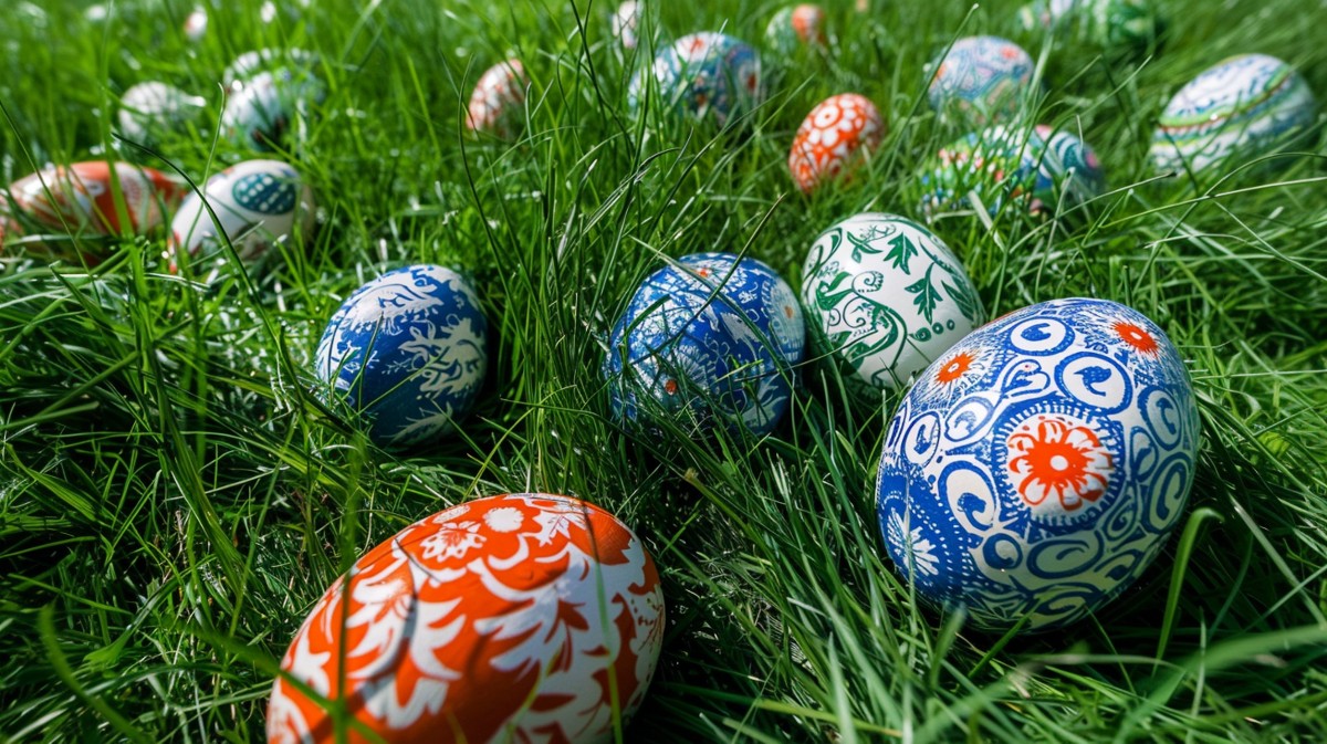 Many Colorful Easter Eggs, Polish Folk Style, Laying On Easter Grass Midjourney Prompt