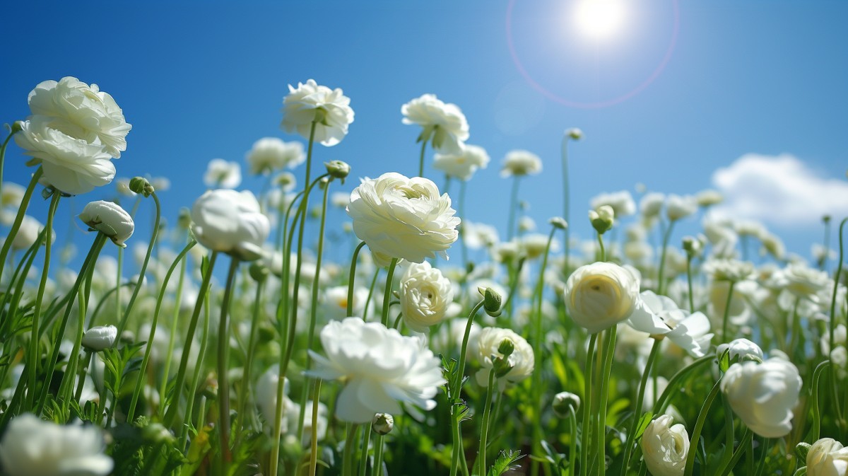 Ranunculus Flowers Growing Wild In A Field, Sunshine, Blue Skies Midjourney Prompt