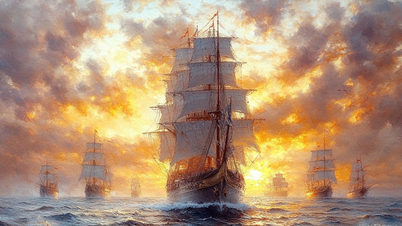 A Stunning Watercolor Painting Of Ships, Intricate Brush Strokes And Vibrant Colors