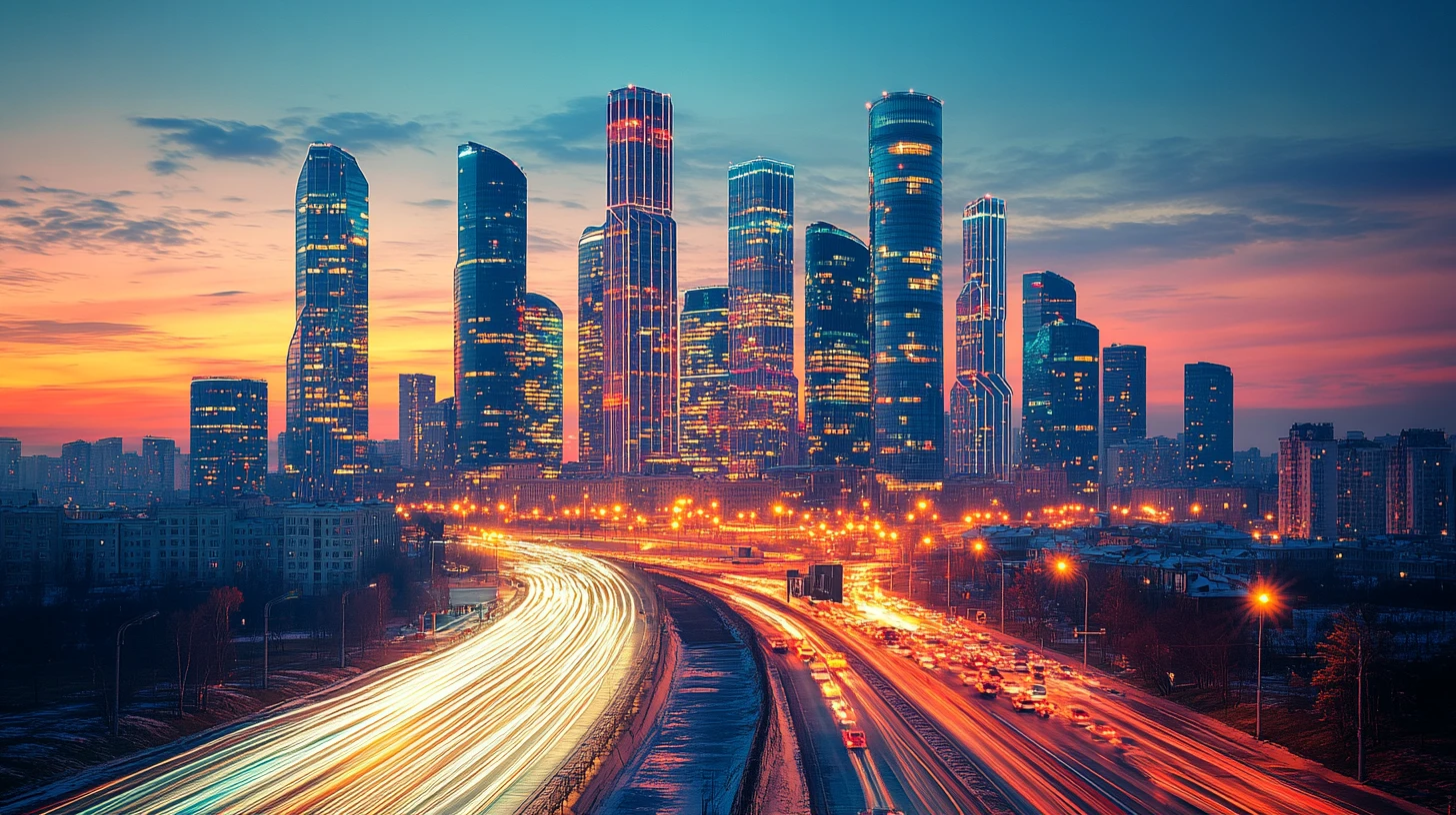 A Bustling Cityscape At Dusk Skyscrapers Illuminated Against A Twilight Sky Cars Streaking By In Long Exposure. – Midjourney Prompt