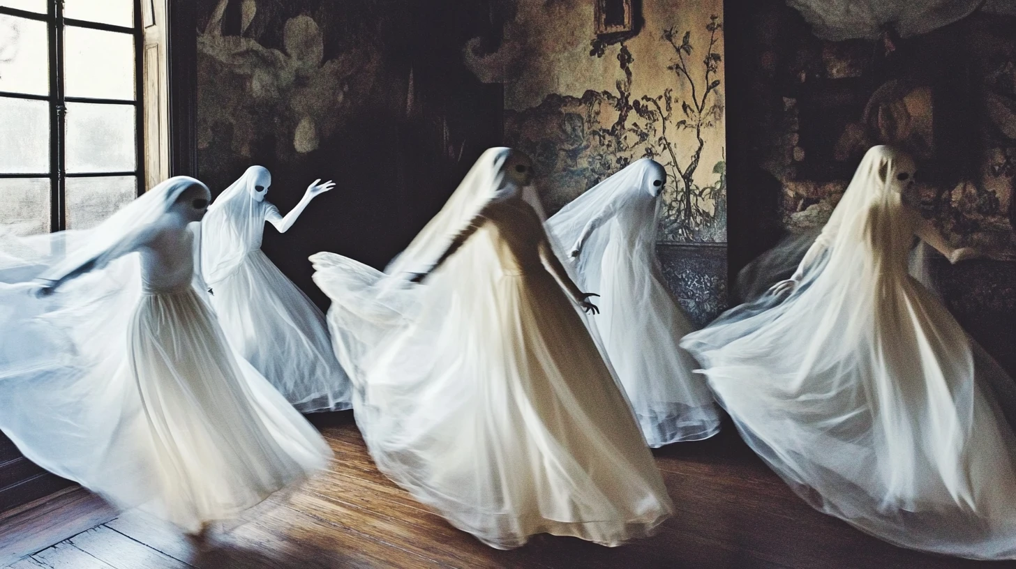 A Group Of Ghosts Dancing In An Enchanted Forest, Their Translucent Forms Glowing Softly Under The Full Moon. – Midjourney Prompt