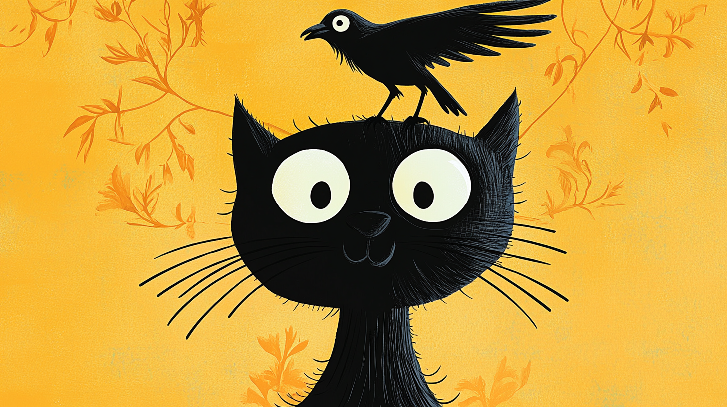 A Black Cat With Wide Eyes And A Funny Expression, With A Black Crow Standing On Its Head – Midjourney Prompt