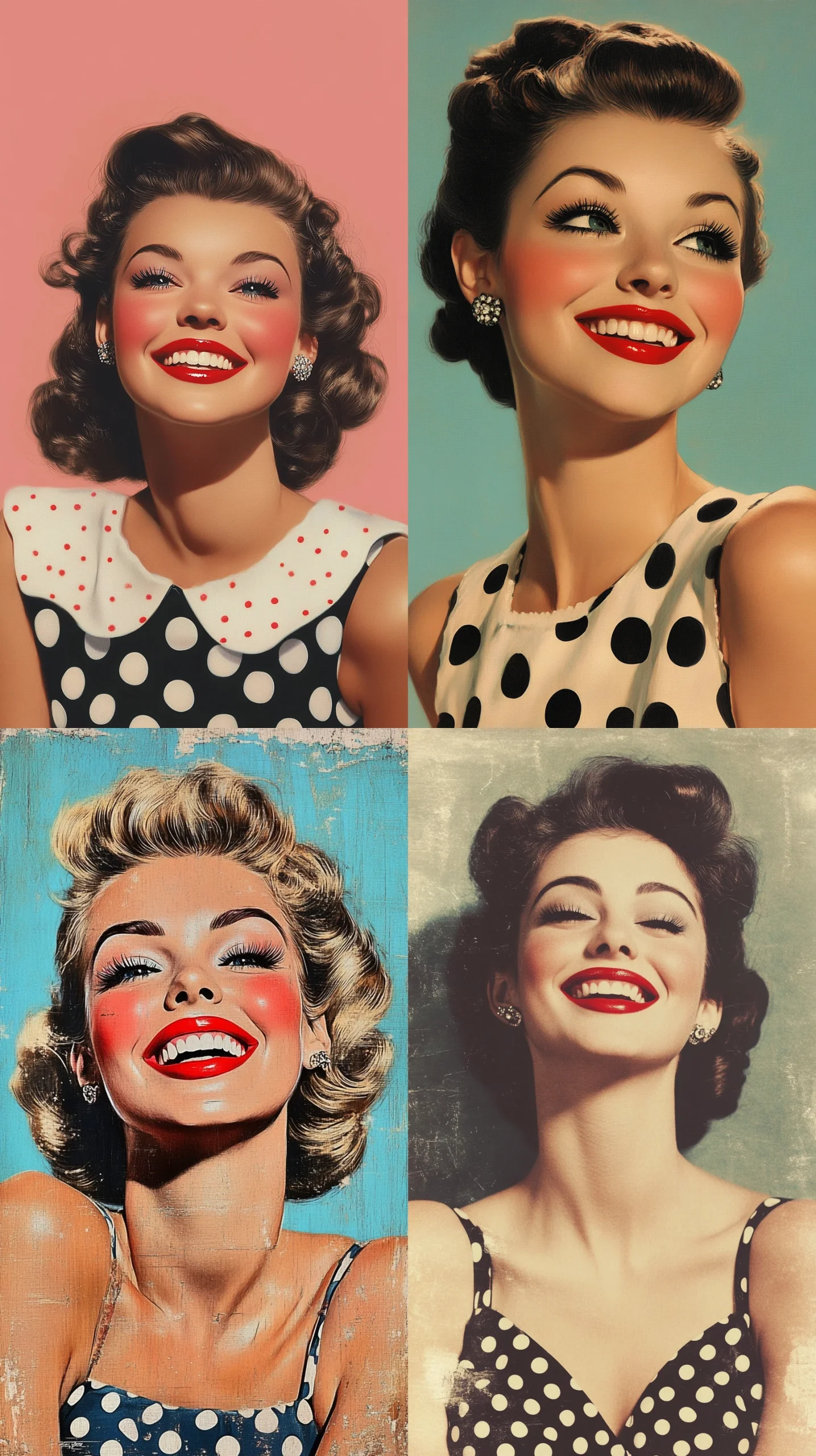 Portrait Of A 1950s Pinup Star Playful Smile Bright Red Lipstick Polka Dots - Midjourney Prompt