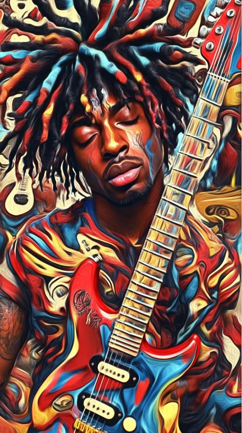 Portrait of a musician holding a bright electric guitar, his face split into vibrant hues of red, blue, and yellow, background repeating with guitar icons, inspired by Andy Warhol’s Pop Art. --chaos 40 --ar 9:16 --stylize 200 --weird 300 --v 6.1