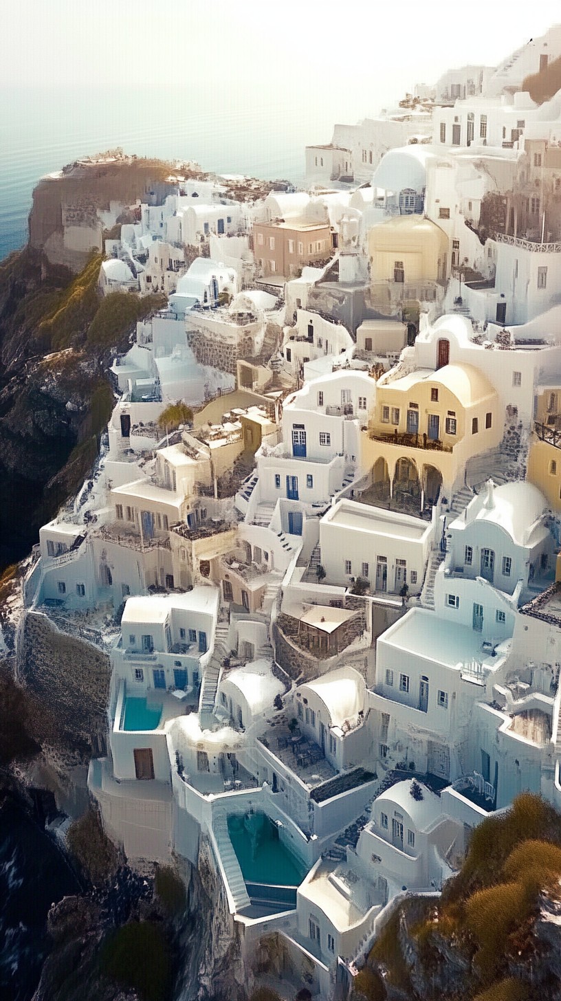 Santorini coastline at dawn with intricate lighting, vivid colors, and realistic textures, capturing the unique atmosphere of the location, photo-realistic --chaos 40 --ar 9:16 --style raw --stylize 400 --weird 300 --v 6.1