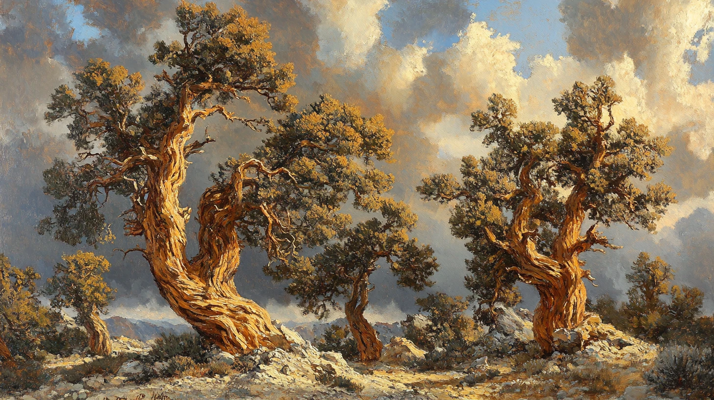 The Twisted Forms Of Bristlecone Pines Under A Cloudy Sky, Oil Painting In The Style Of Rembrandt, With Rich Browns And Textured Shadows. – Midjourney Prompt