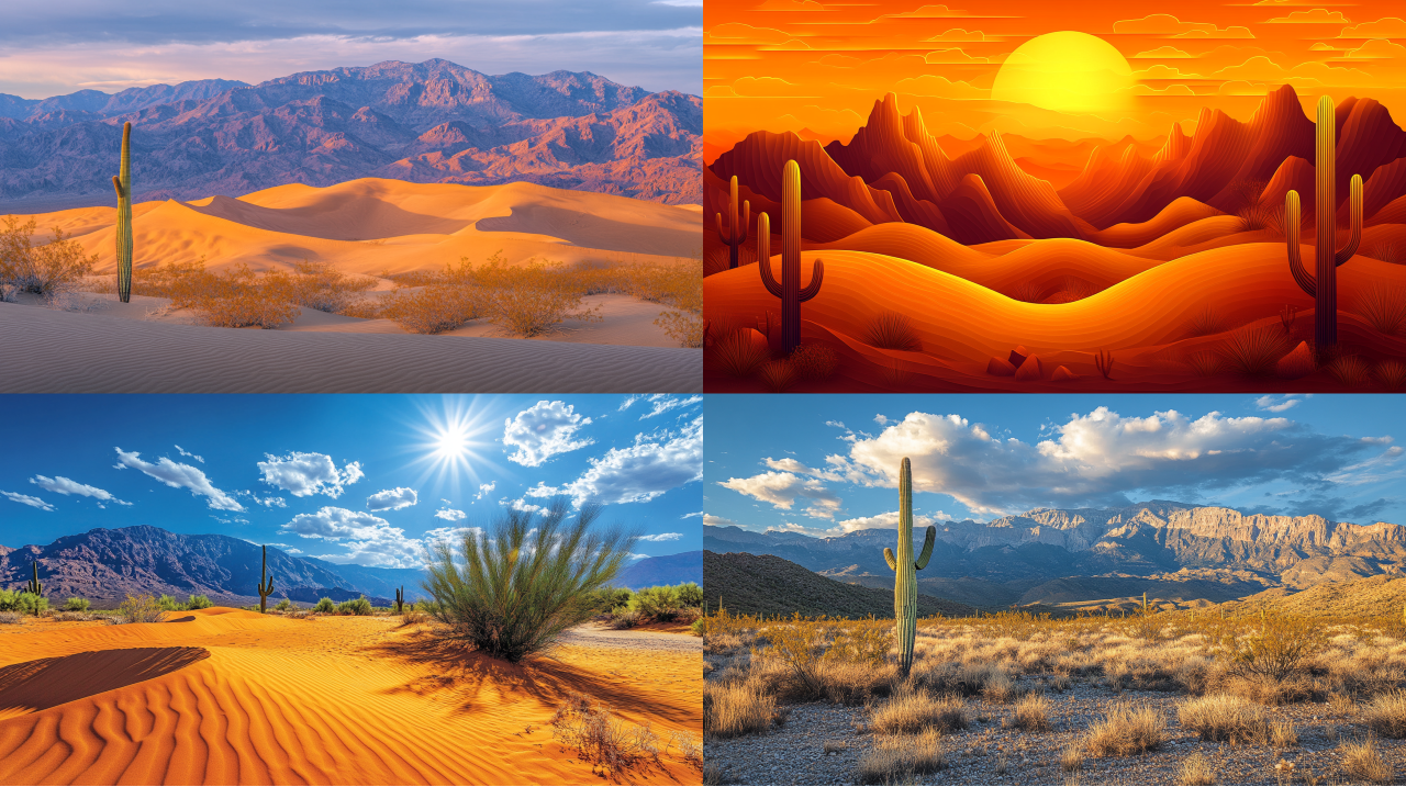 A Golden Desert Under The Blazing Sun Dunes Curving Gracefully A Lone Saguaro Cactus Silhouetted – Midjourney Prompt