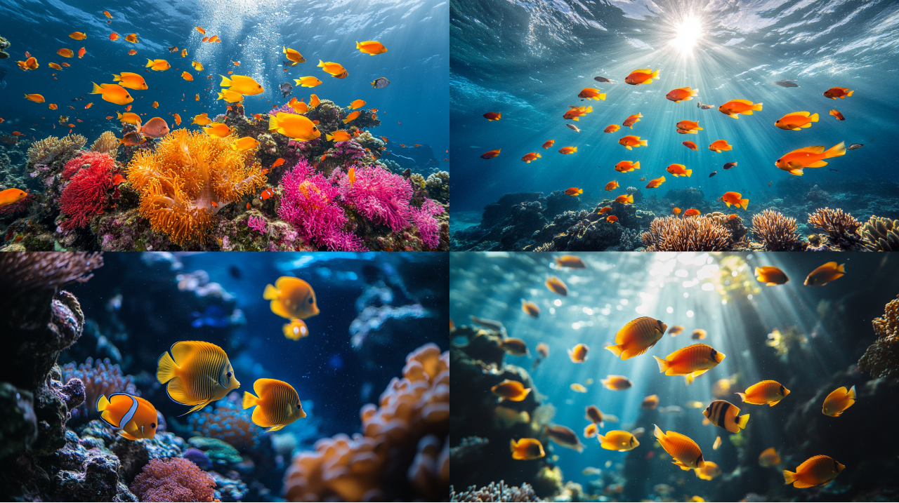 A Vibrant Coral Reef Scene Underwater With Colorful Tropical Fish Inspired By Rousseau – Midjourney Prompt