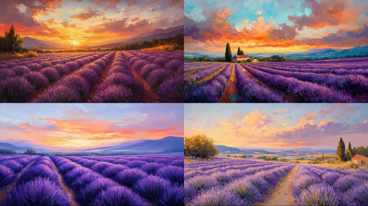 Expansive Lavender Fields In Provence, Rich Purple Rows Stretching Toward The Horizon, A Soft Pastel Sunset Sky, Capturing Impressionist Brushwork – Midjourney Prompt