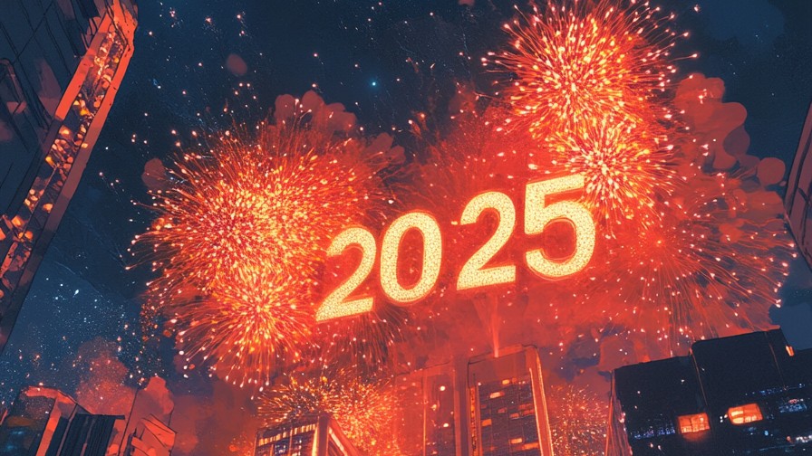 Huge Fireworks Number “2025” Written, Night Sky, Fireworks, Romance, Modern Architecture, Illustration – Midjourney Prompt