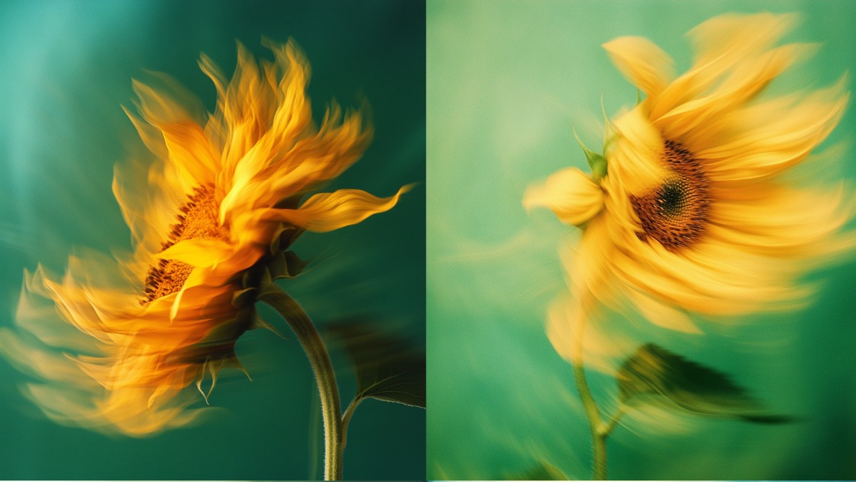 Highly Blurred Sunflower Flower Moving Against A Gradient Green Background – Midjourney Prompt