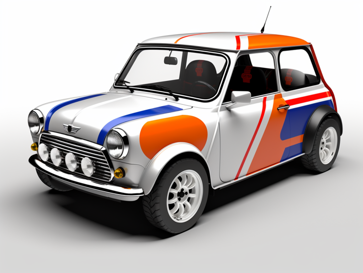 1980s Rally Mini Car with Blue Orange Design