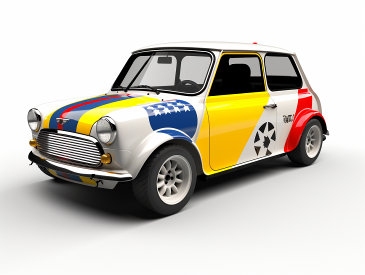 1980s Rally Mini Car with Blue, Yellow and Red