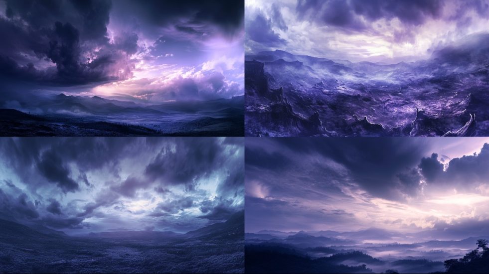 A Panoramic View Of A Mysterious, Unseen Realm Where Clouds Deepen Into Shades Of Indigo And Violet, Shrouding The Landscape In Mystery.