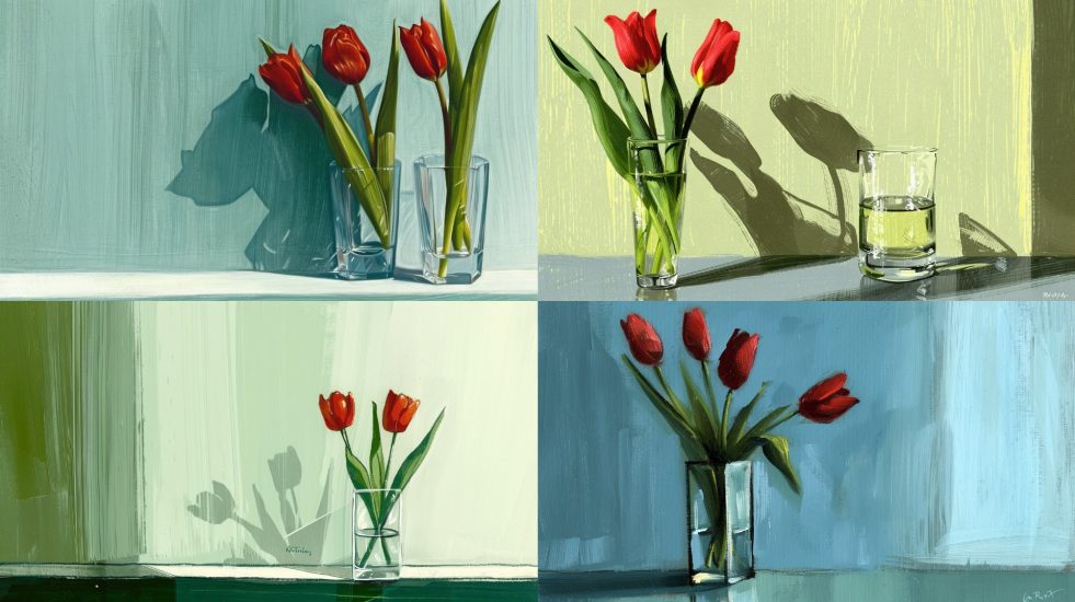 A Simple Glass Vase With 3 Red Tulips Standing Alone On A Table Midjourney Prompt