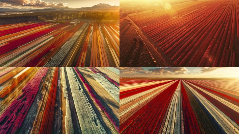 A breathtaking aerial view of vast fields of tulips in full bloom, showcasing a rainbow of colors.