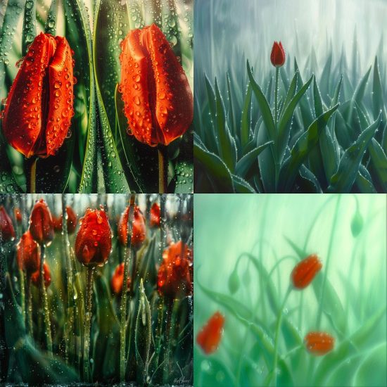 A close-up digital painting of dew-covered tulips in a field, with a focus on a single red tulip