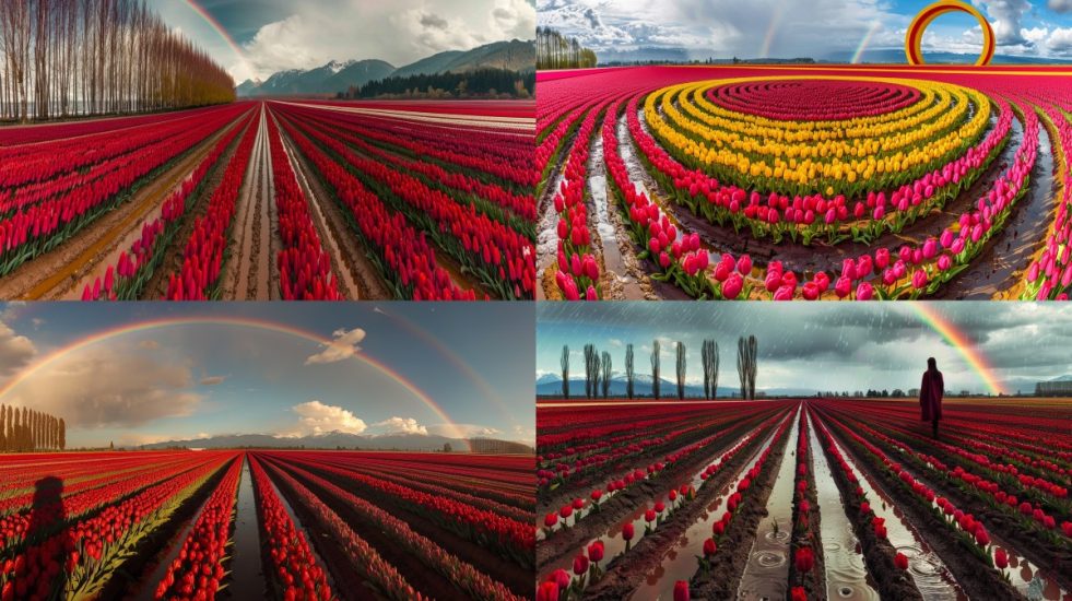 A panoramic view of tulip fields during a spring shower, with raindrops creating ripples in puddles among the flowers