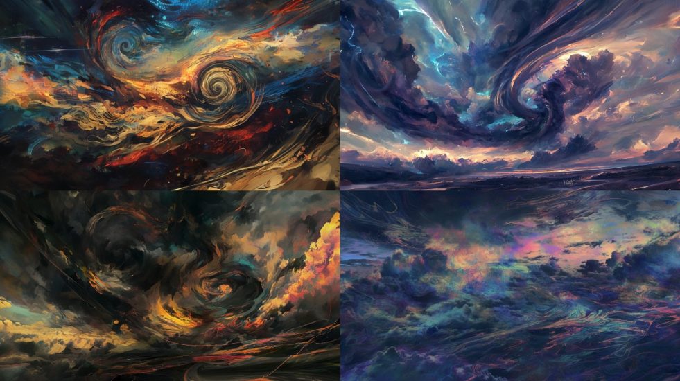 An Abstract Interpretation Of Deepening Clouds, Where Unseen Energies Manifest As Vibrant Streaks And Whirls Of Colors Against A Dark, Tempestuous Sky