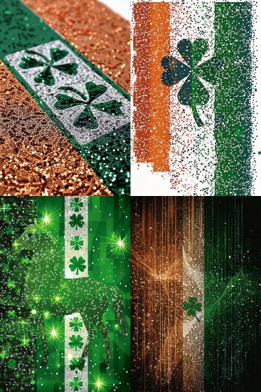 An Irish Flag In The Center , Shamrocks Ultra Patterned Around The Flag, In The Style Of Twinkle And Glitter All Details And Background, Light Background