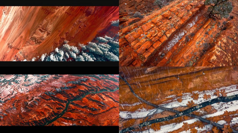 An aerial view of Grand Canyon National Park during the autumn, showing a rare snowfall