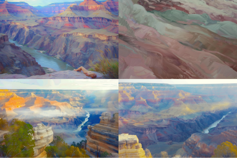 An impressionist painting of Grand Canyon National Park at midday, capturing the play of light and shadow across the canyon walls.