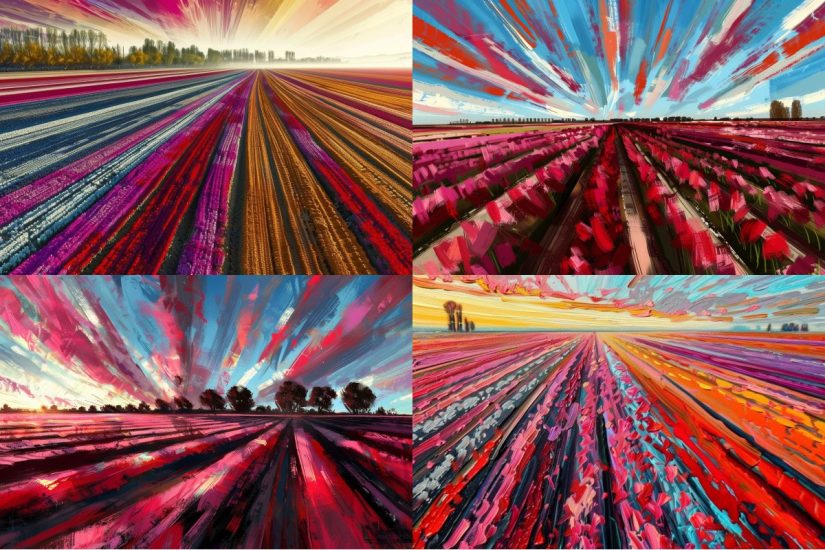 An impressionistic painting of tulip fields at dusk, with strokes of vibrant colors blending together