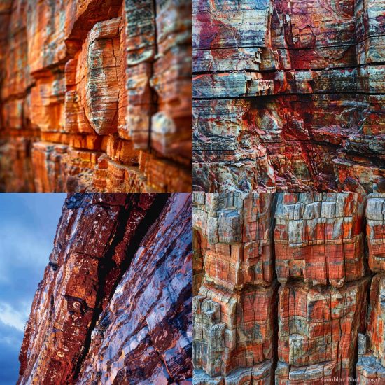 Detailed close-up of the Grand Canyon's geological textures and layers at sunset, highlighting the rich reds and oranges of the rock against a deep blue sky