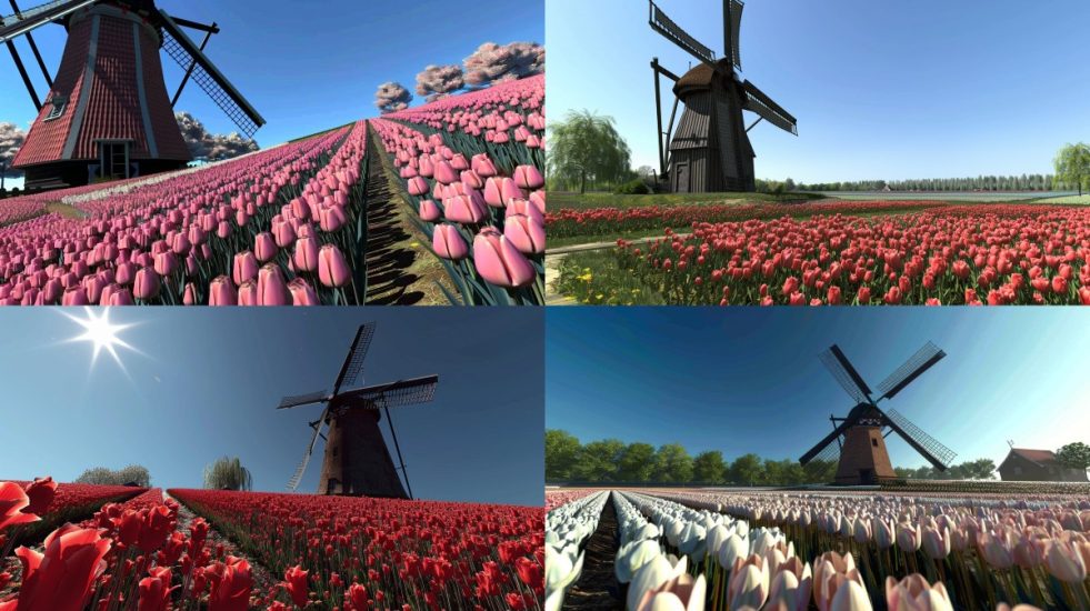 Fields of tulips under a clear blue sky, with a charming windmill in the background