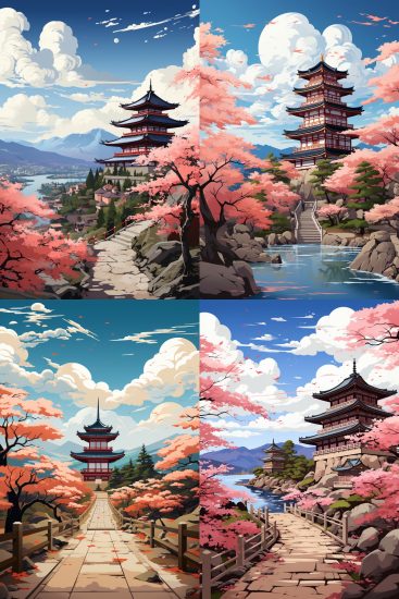 Flat Vector Art Illustration, Travel Illustration Featuring Kyoto, Japan, Cherry Blossoms In Bloom