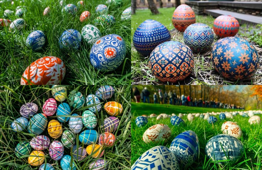 Many Colorful Easter Eggs, Polish Folk Style, Laying On Easter Grass Midjourney Prompt