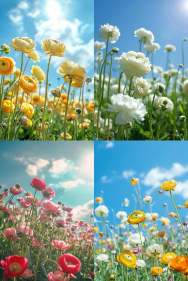 Ranunculus Flowers Growing Wild In A Field, Sunshine, Blue Skies Midjourney Prompt