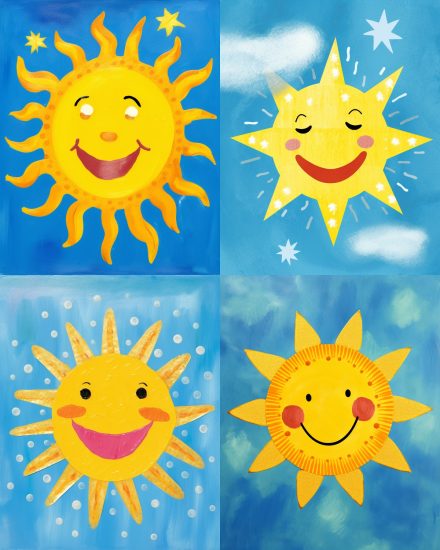 Smiling Sun, Cute And Colorful Illustration In The Style Of Richard Scarry, Blue Background With Golden Stars, Textured Oil Paint