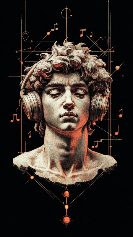 https://s.mj.run/k5zyRz1OsIo T-shirt print of a Renaissance composition including Michelangelo's David face with short hair wearing DJ headphones in the middle trying to reach up the sky with his hand, fyling music notes, dj headphones and techno music ornaments around in a modern style. The compositions floating against a black background and it is suitable for t-shirt print. In warm Renaissance style colors. Hyper-realistic and hyper-detailed. --chaos 40 --ar 9:16 --stylize 250 --weird 300 --v 6.1